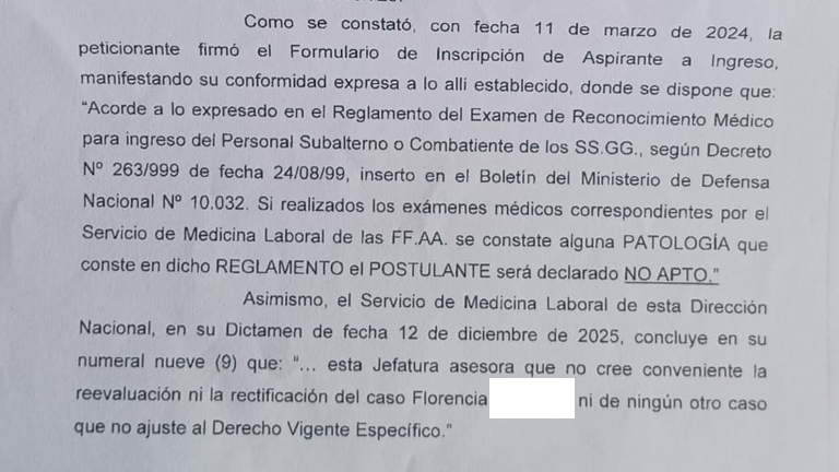 Fragmento del expediente del Ministerio de Defensa Nacional donde se mantiene la declaración de “NO APTA”.
